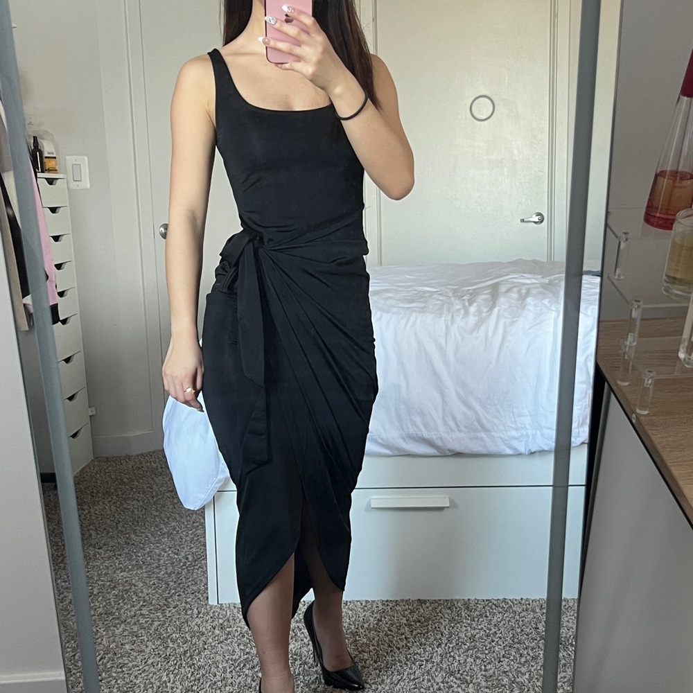 ASOS DESIGN Petite sleeveless square neck sarong skirt midi dress in black